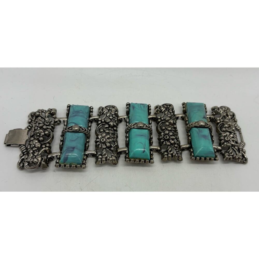 VINTAGE RETRO 1950's 1960's WIDE SHOWY PANEL BRACELET TURQUOISE PLASTIC & FLORAL